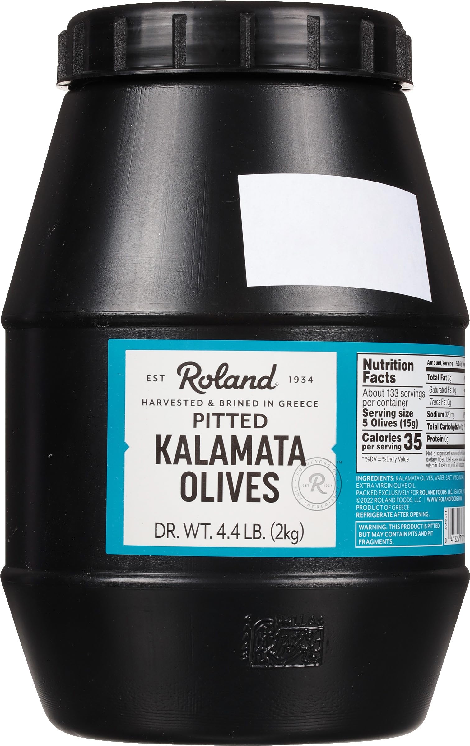Roland Foods Kalamata olives jar showing glossy purple fruit for salads and antipasti.