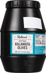 Roland Foods Kalamata olives jar showing glossy purple fruit for salads and antipasti.