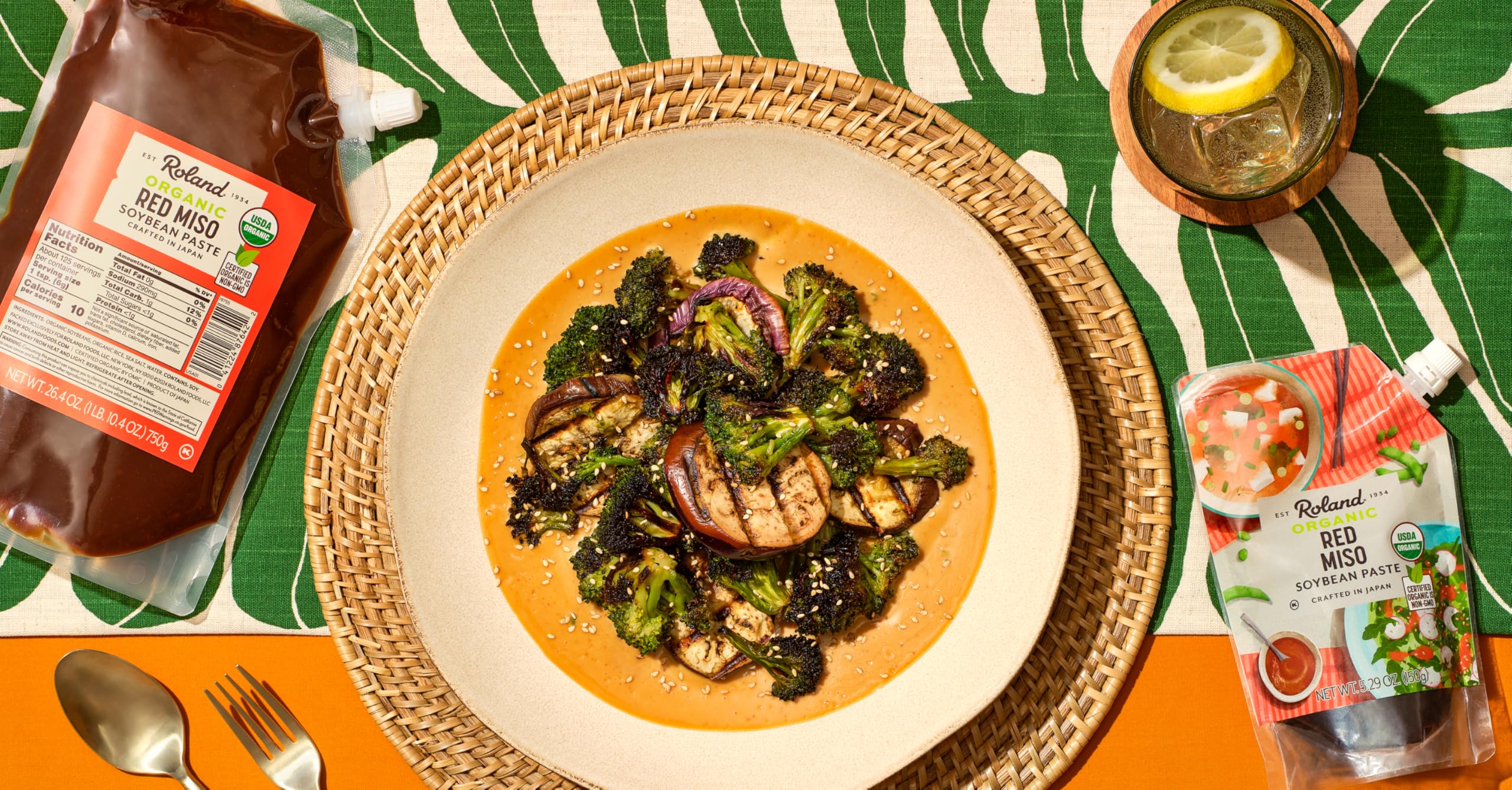 Roland Foods Organic Red Miso Paste ingredients panel highlights four simple components.