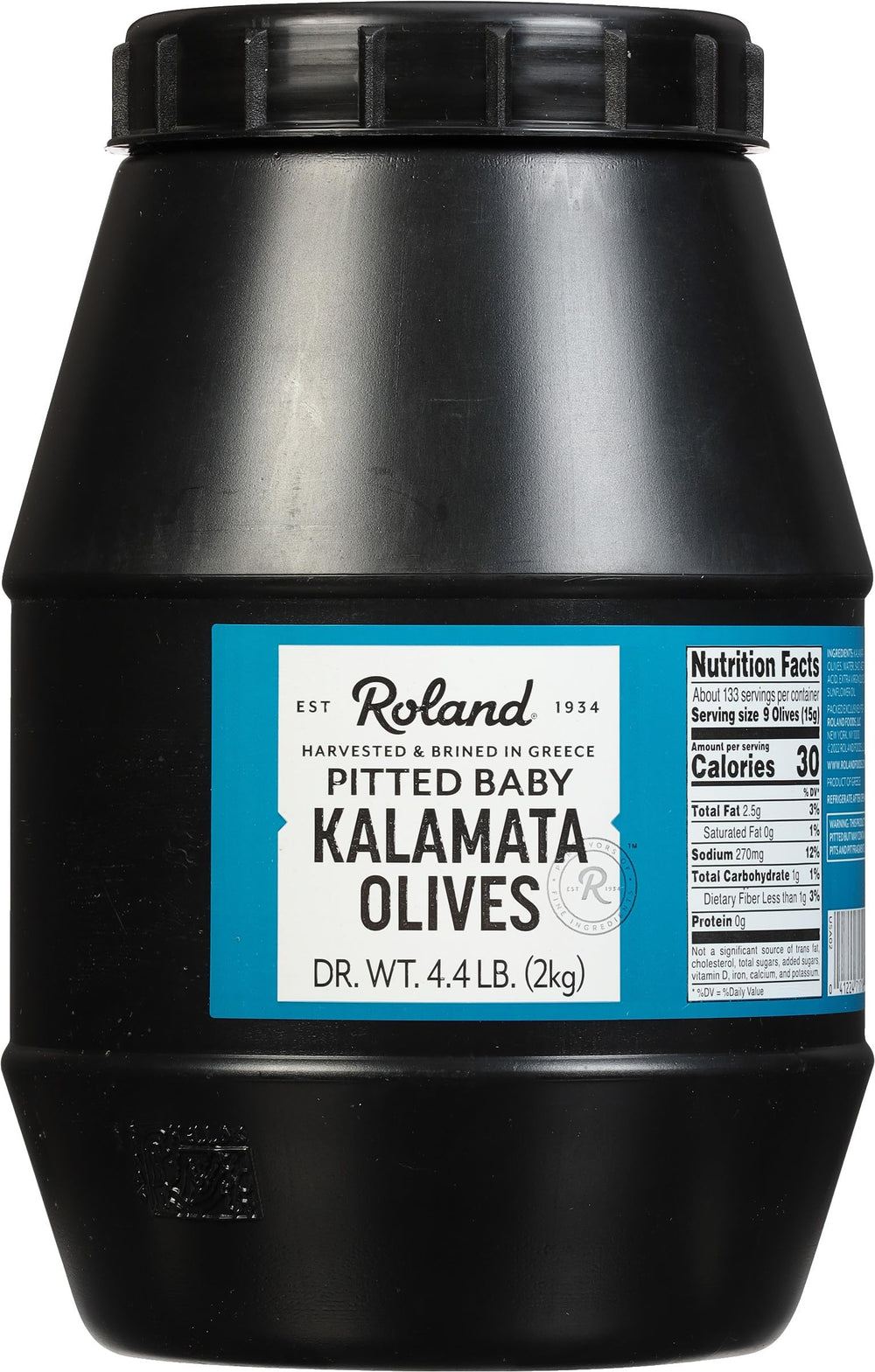 Roland Foods pitted baby Kalamata olives in brine for salads.