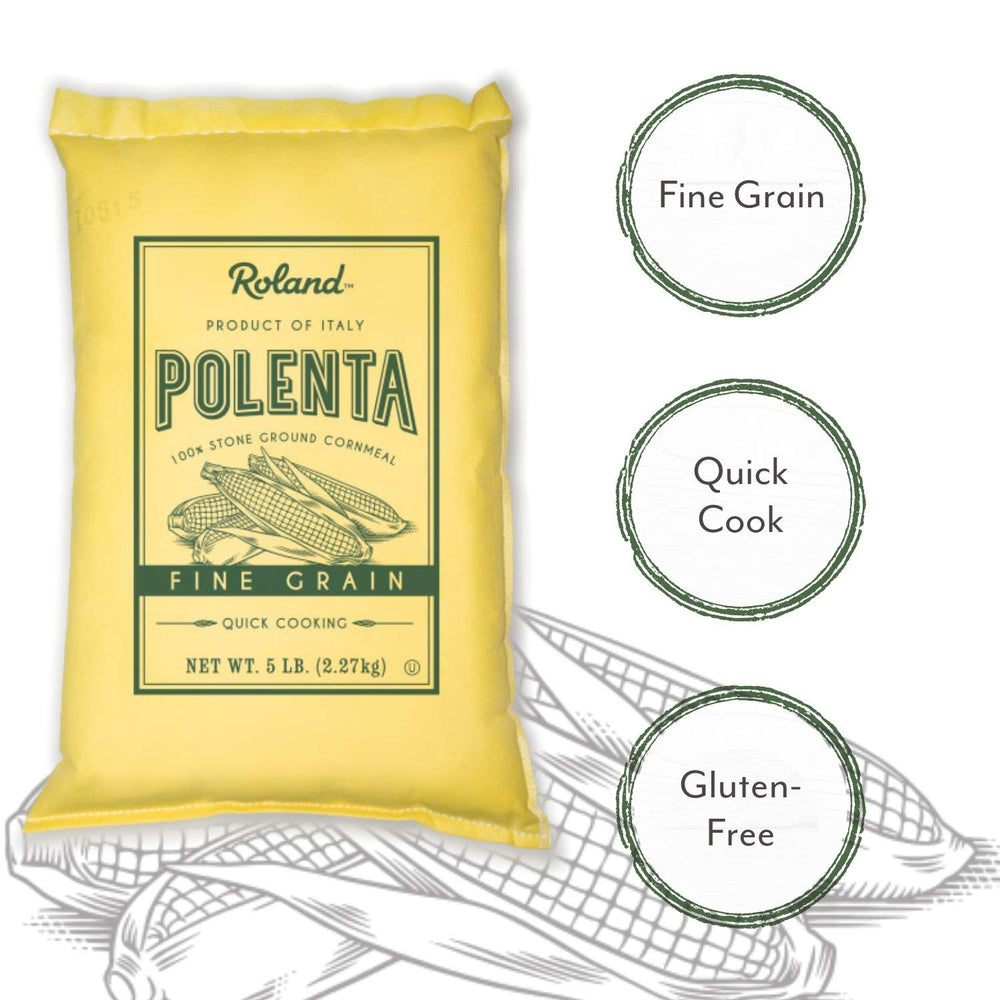 Roland Foods polenta served with shrimp and vegetables