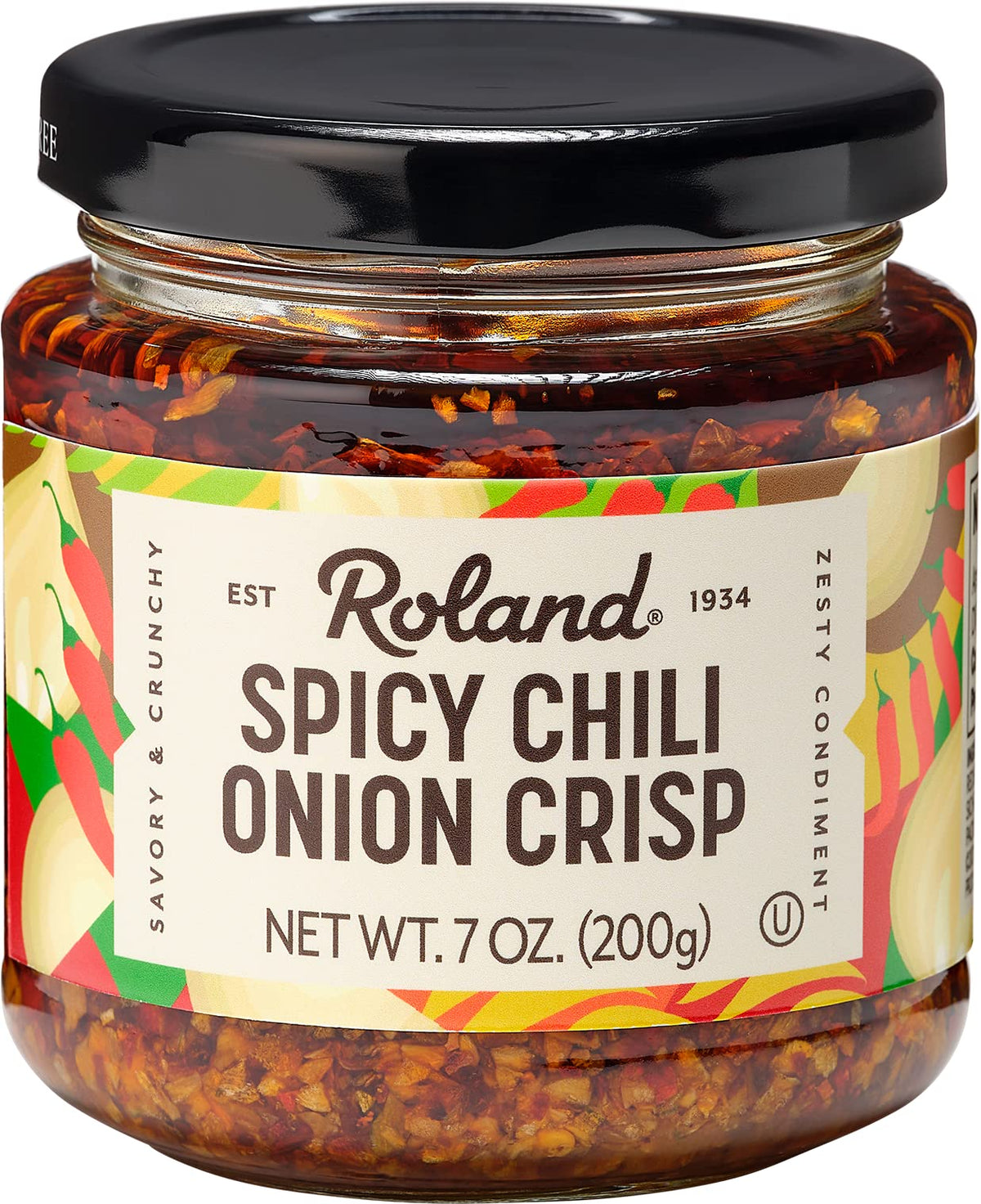 Roland Foods Spicy Chili Onion Crisp bottle highlights convenient topping for quick meals.