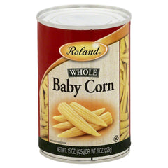 Roland Foods Whole Baby Corn spears, crisp texture ideal for salads and stir-fries.