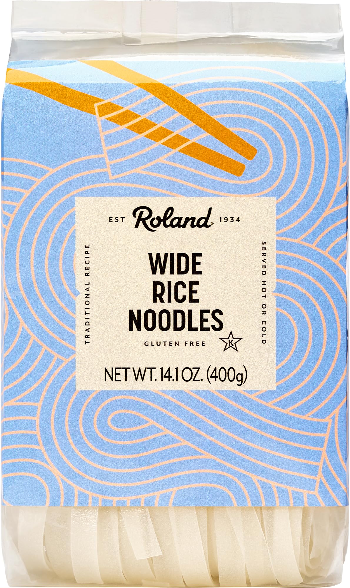 Roland Foods wide rice noodles in package, gluten-free base suitable for diverse sauces.