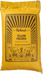 Roland Foods yellow polenta bag, stone-ground cornmeal, ideal for quick meals.