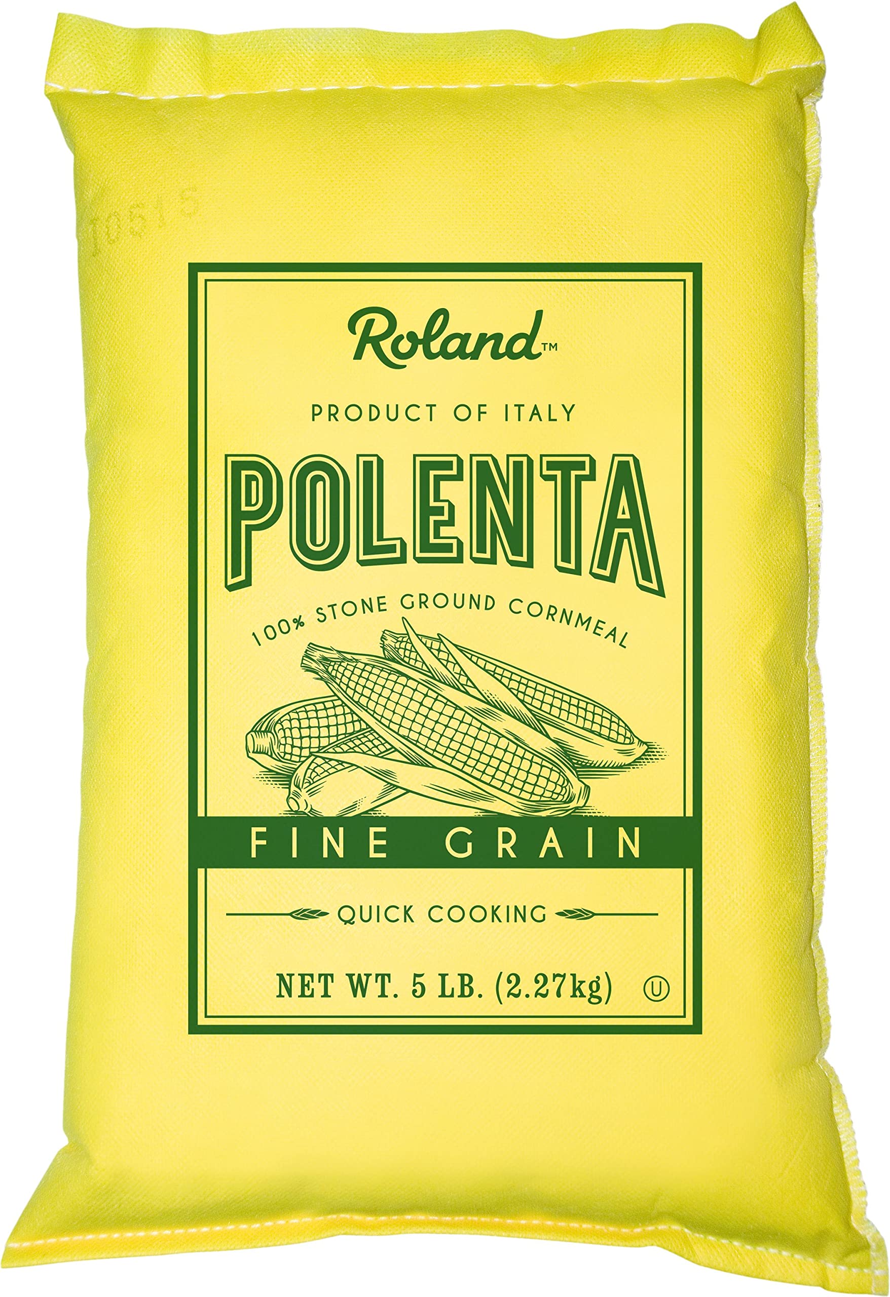 Roland Foods yellow polenta bag with raw cornmeal texture for quick meals