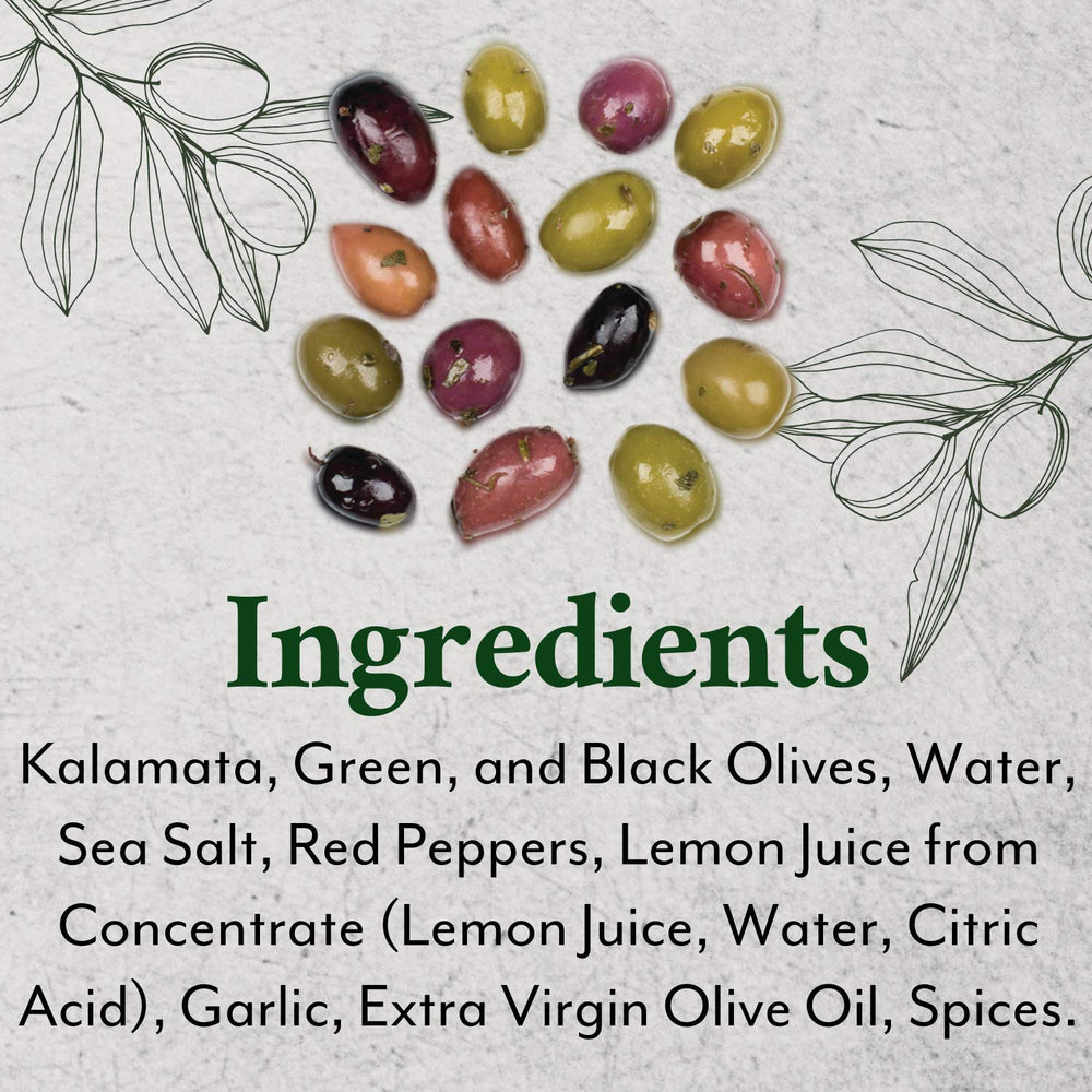 Roland Foods Greek Country Olive Mix in a bulk 4 lb 6 oz tub, food-service friendly.