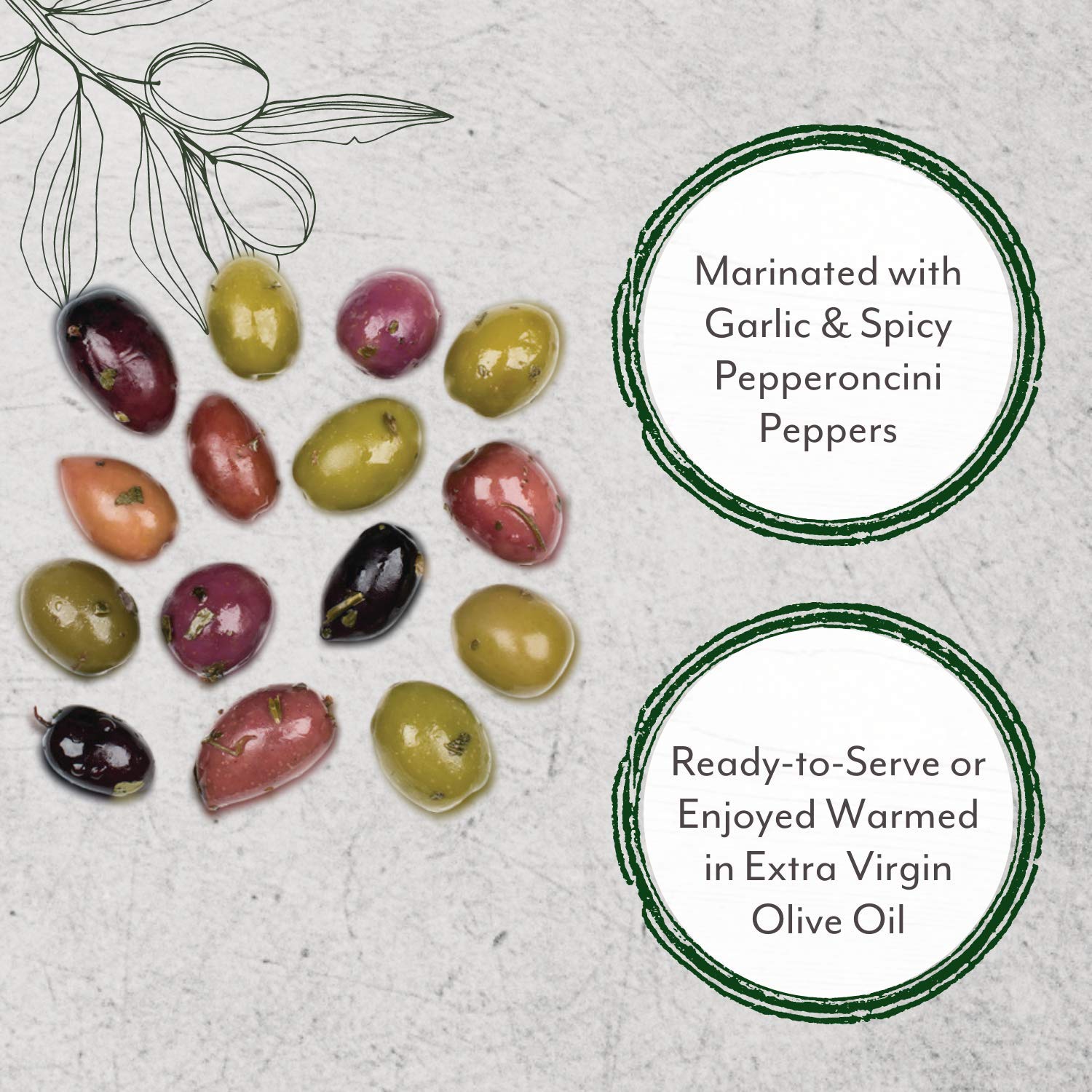 Roland Foods Greek Country Olive Mix marinated with garlic and pepperoncini, adds bold flavor.