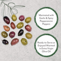 Roland Foods Greek Country Olive Mix marinated with garlic and pepperoncini, adds bold flavor.