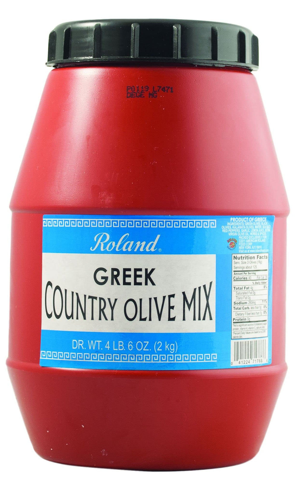 Roland Foods Greek Country Olive Mix with Kalamata olives in pits, perfect for antipasti platters.