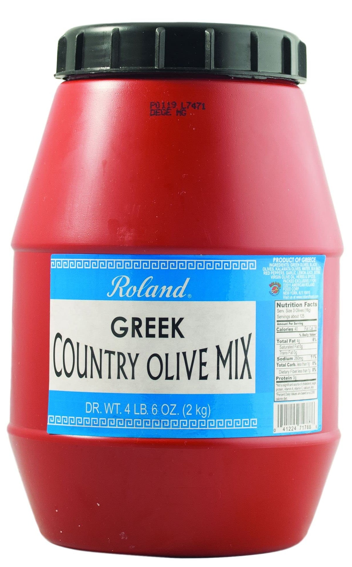 Roland Foods Greek Country Olive Mix with Kalamata olives in pits, perfect for antipasti platters.
