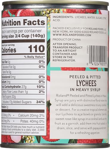 Close-up of Roland lychee can label highlighting ingredients and quality.