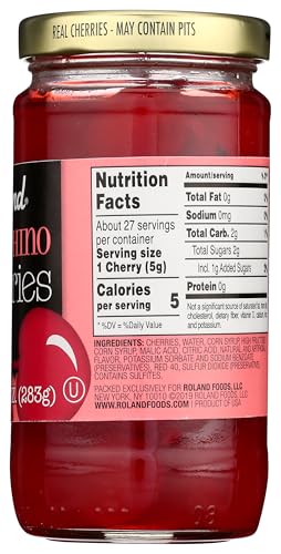 Roland Premium Maraschino Cherries with Stems closeup highlights juicy texture and bold color.