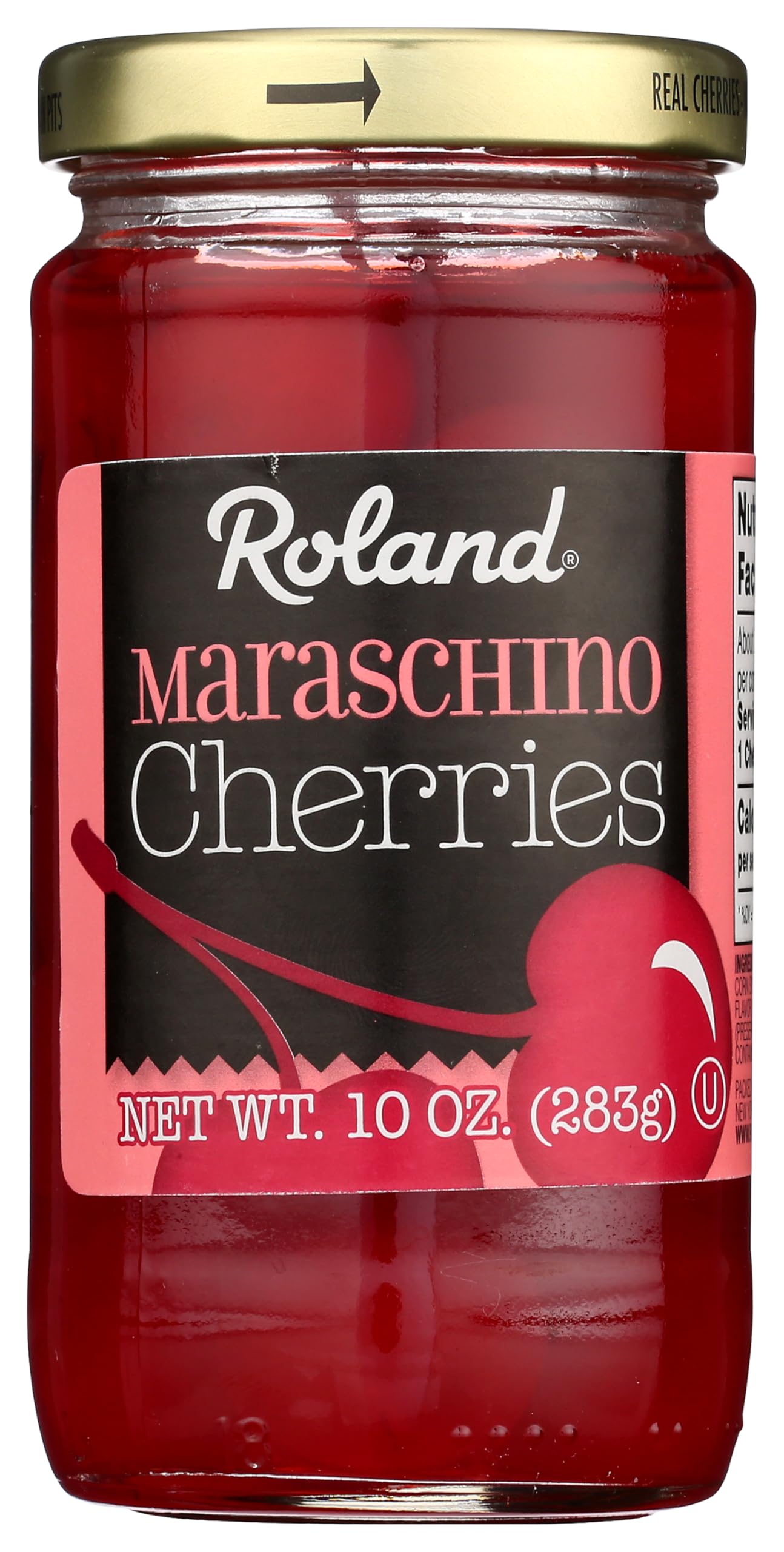 Roland Premium Maraschino Cherries with Stems in jar front show a vibrant, versatile cocktail garnish.