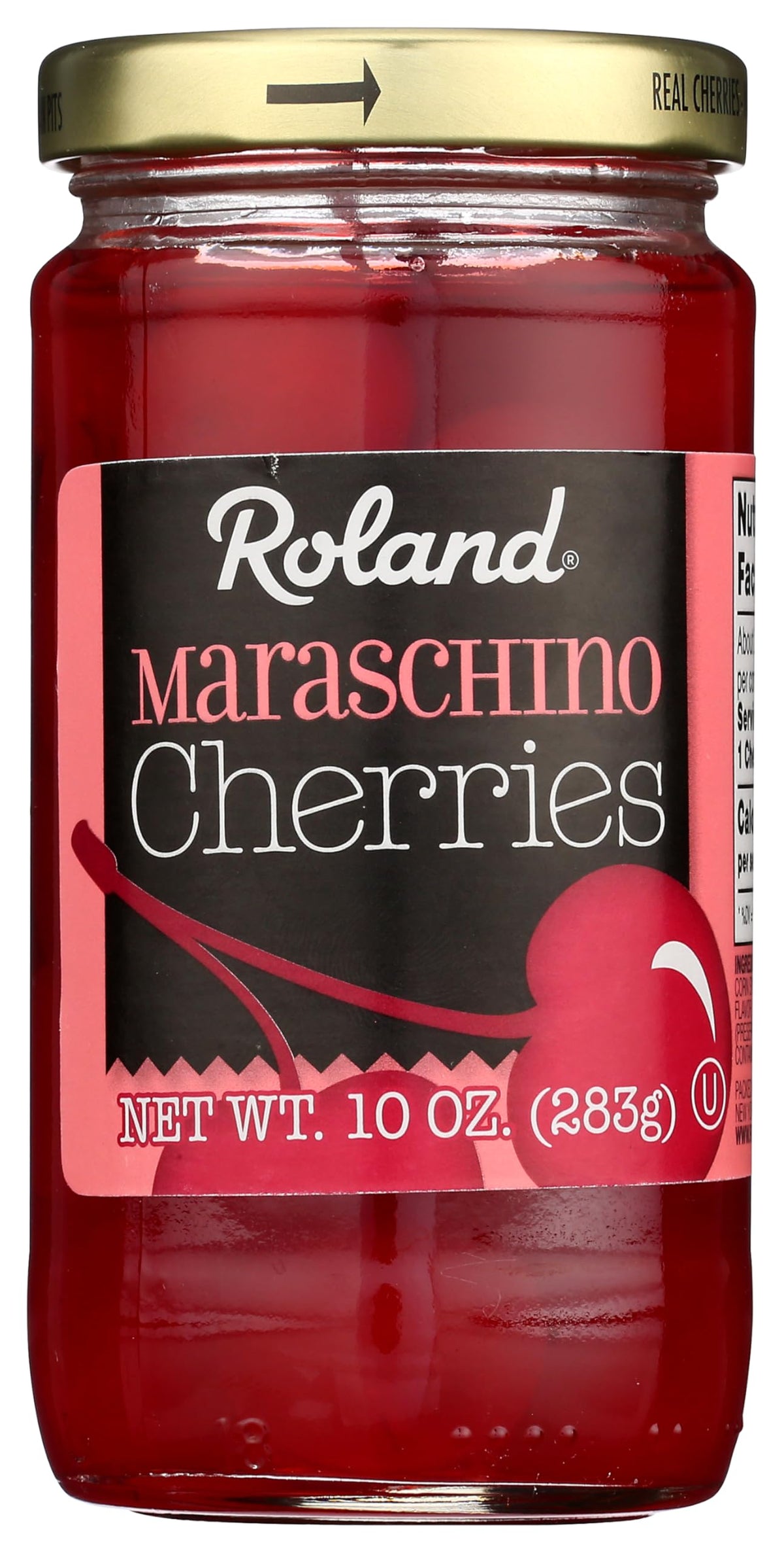Roland Premium Maraschino Cherries with Stems in jar front show a vibrant, versatile cocktail garnish.