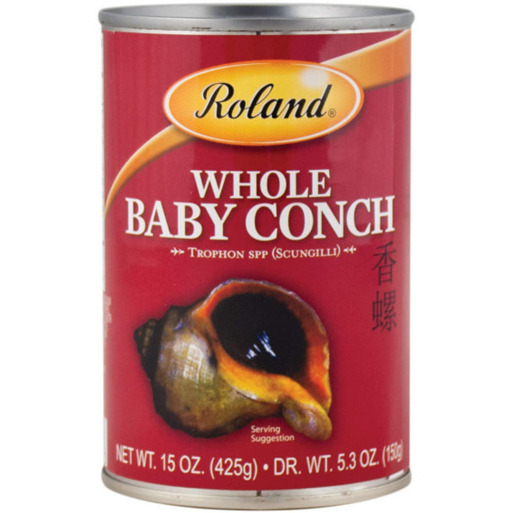 Roland Foods baby conch in water can front view, ready-to-use seafood ingredient.