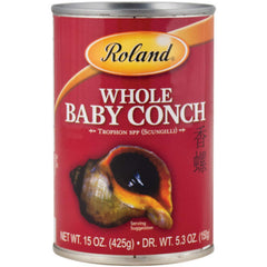 Roland Foods baby conch in water can front view, ready-to-use seafood ingredient.