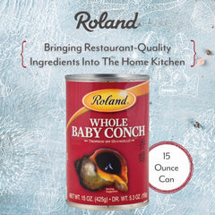 Roland Foods baby conch can label close-up showing precooked convenience.