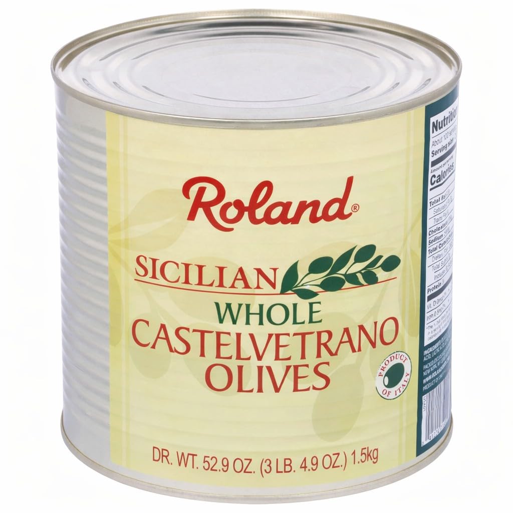 Roland Foods Castelvetrano olives in can, bulk ready-to-eat for appetizers and cooking.