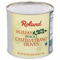 Roland Foods Castelvetrano olives in can, bulk ready-to-eat for appetizers and cooking.