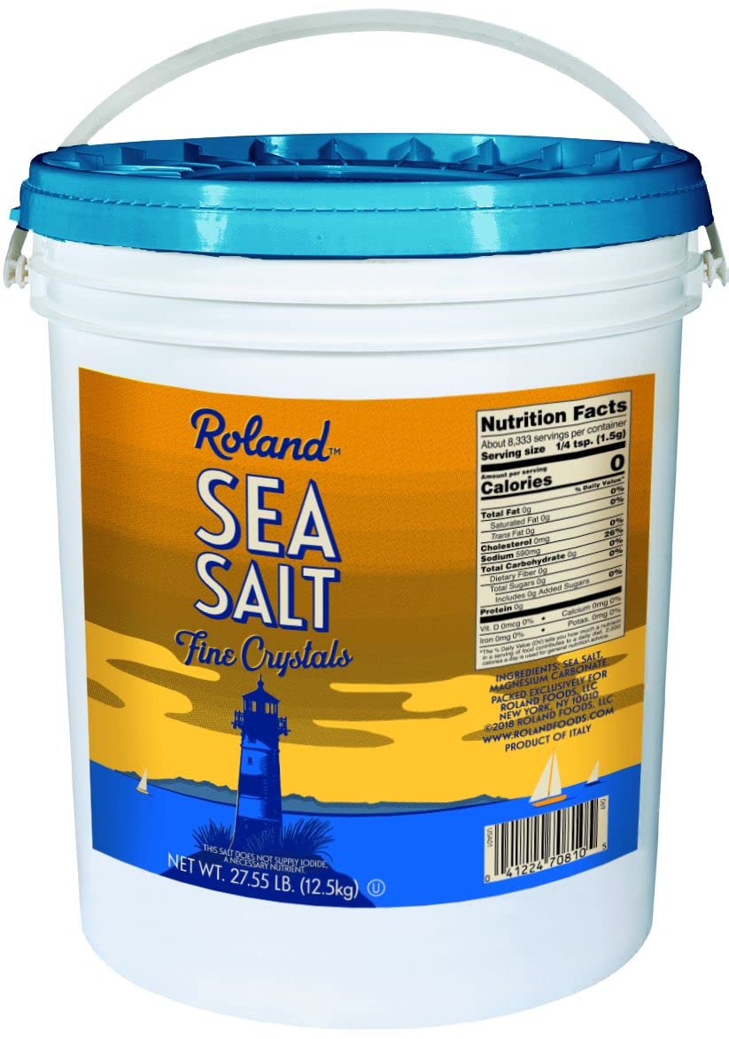 Roland Foods Fine Crystal Sea Salt bucket for home cooking, ideal for seasoning vegetables, soups, and baking.