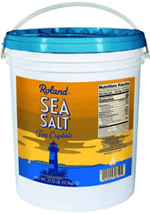Roland Foods Fine Crystal Sea Salt bucket for home cooking, ideal for seasoning vegetables, soups, and baking.