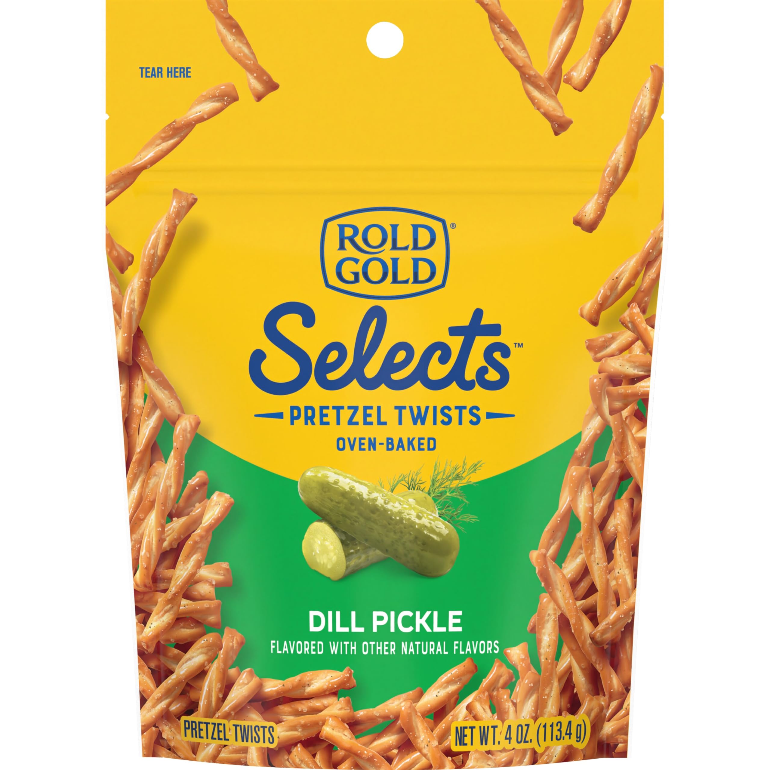 Rold Gold Selects dill pickle pretzel twists closeup showing crunchy bite for snacking