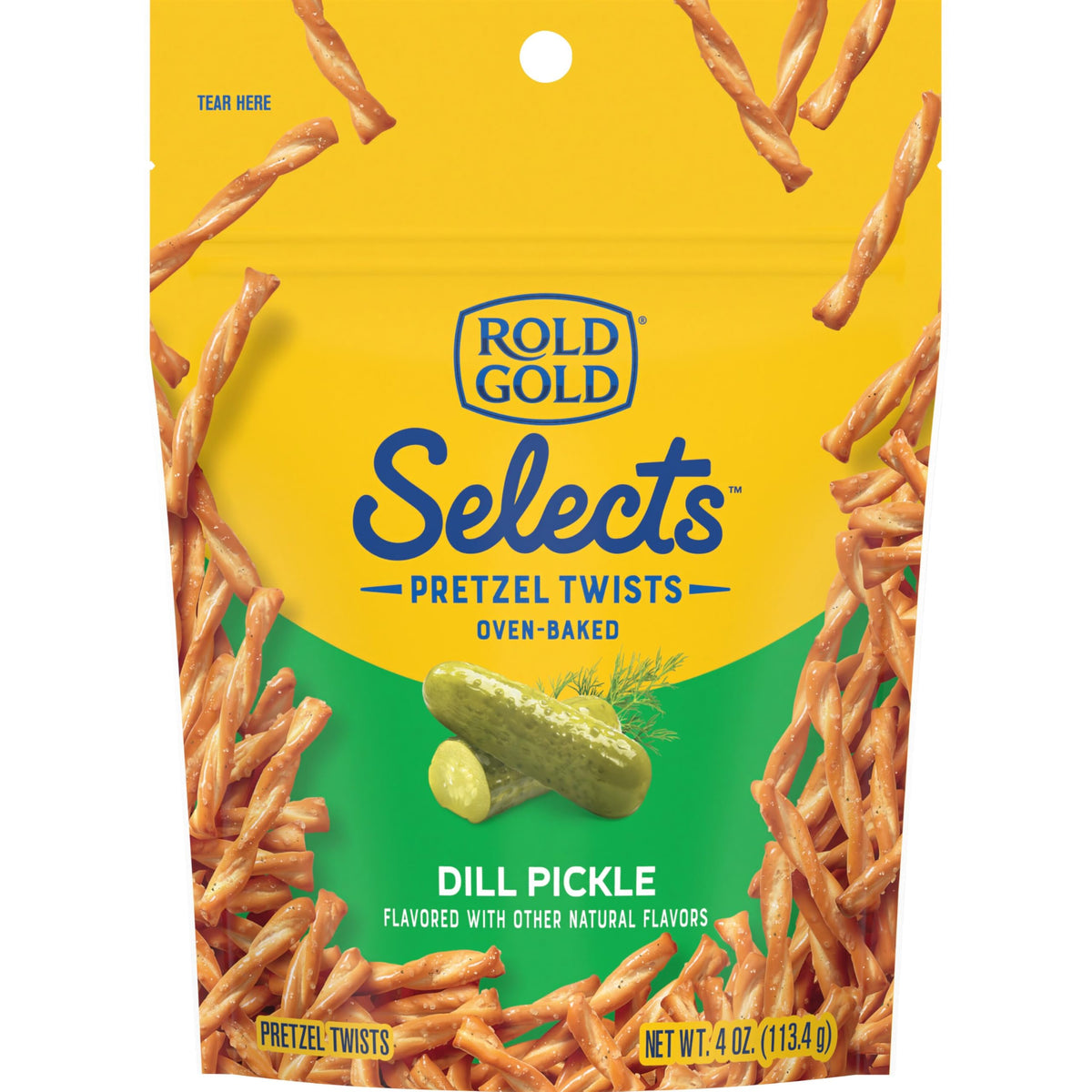 Rold Gold Selects dill pickle pretzel twists closeup showing crunchy bite for snacking