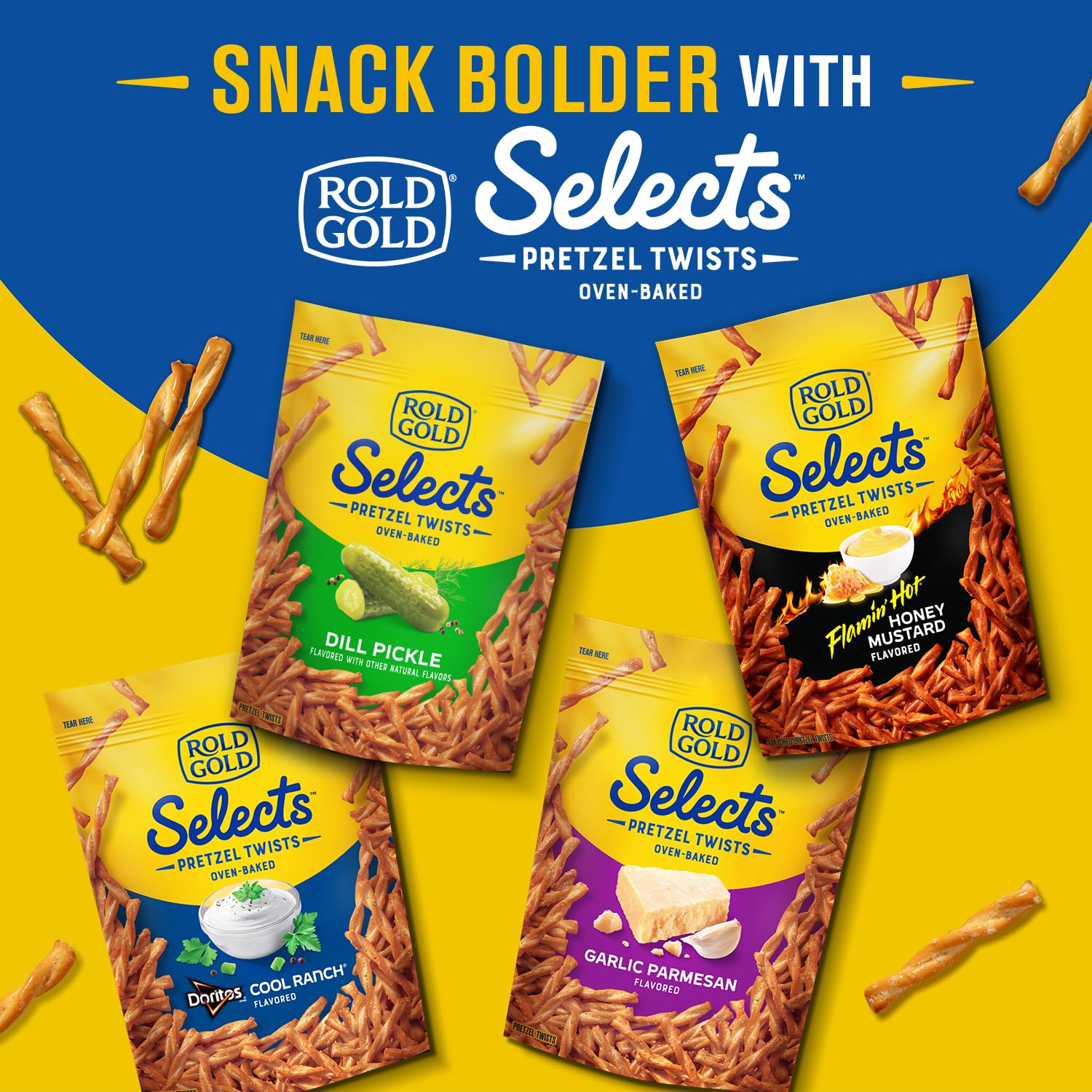 Rold Gold Selects dill pickle twists in a bowl for sharing crunch