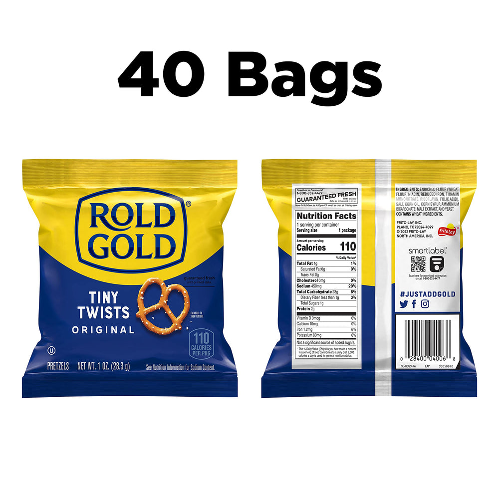 Close-up of Rold Gold Tiny Twists 1-ounce bag showing crisp texture