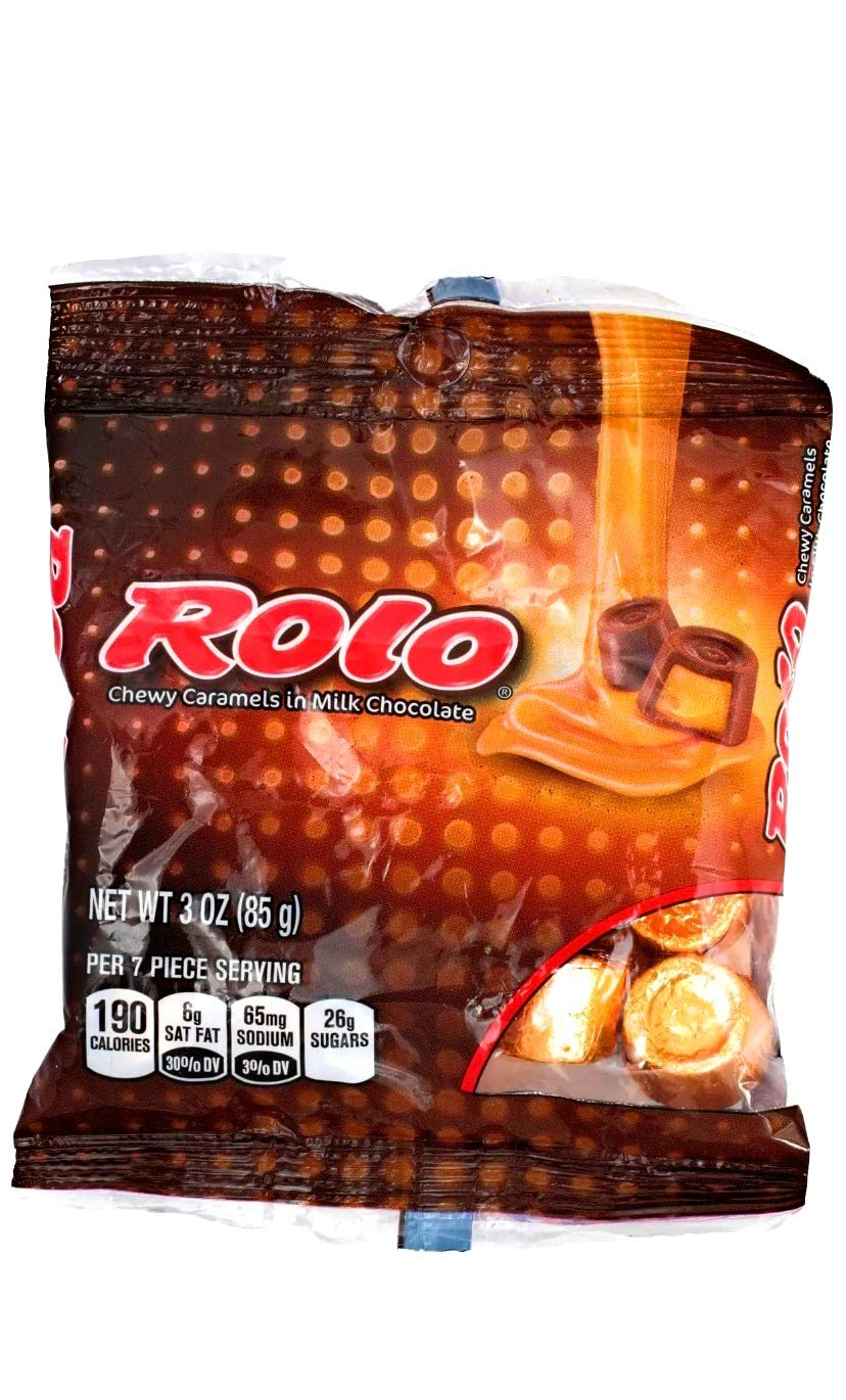 Rolo bag front shows chewy caramel chocolates in milk chocolate