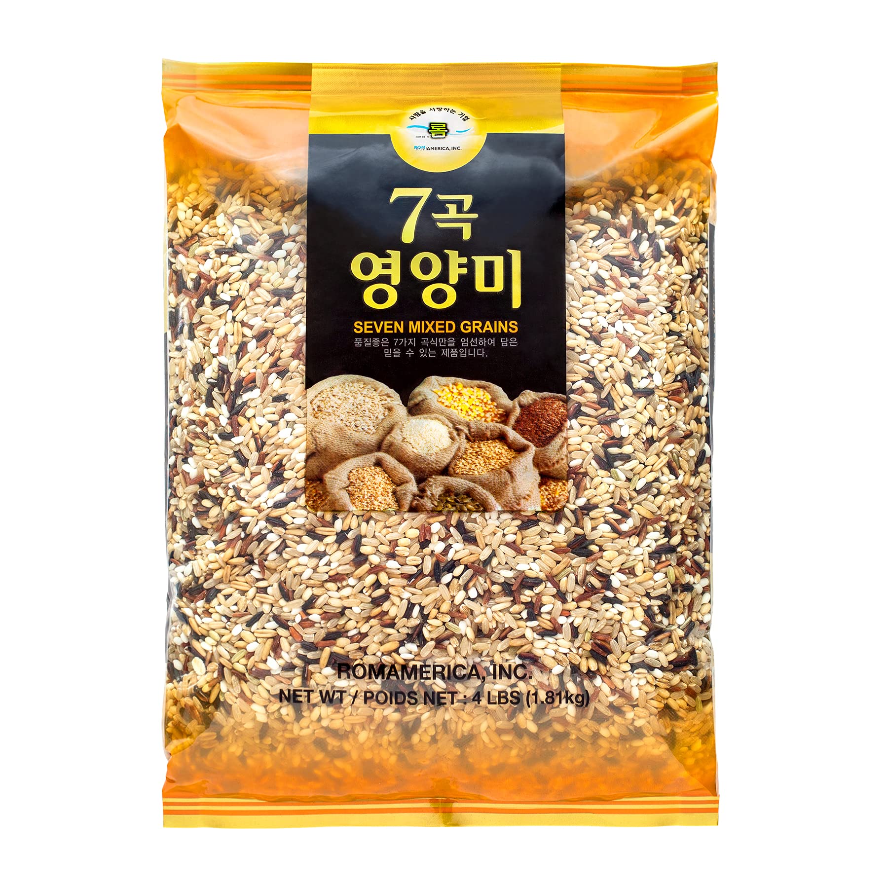 ROM AMERICA 7 premium mixed grains rice in a colorful bowl; fiber-rich and flavorful.