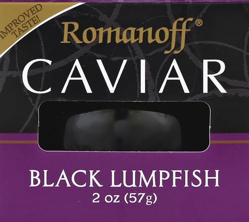 Romanoff Black Lumpfish caviar jar label emphasizes shelf-stable storage