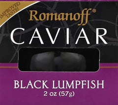 Romanoff Black Lumpfish caviar jar label emphasizes shelf-stable storage