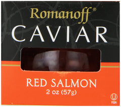 Romanoff Red Salmon Caviar jar close-up for premium appetizers.