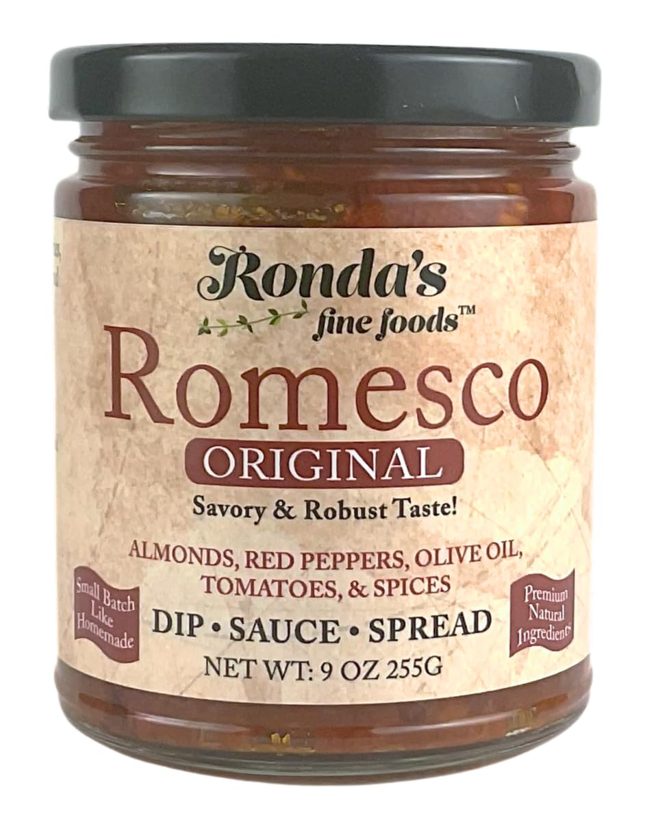 Ronda’s Fine Foods Romesco Dip jar highlights almonds and peppers for smoky richness.