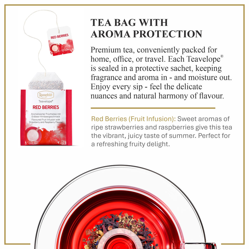 Ronnefeldt Teavelope Raspberry flavor with hibiscus for a bright, refreshing brew.