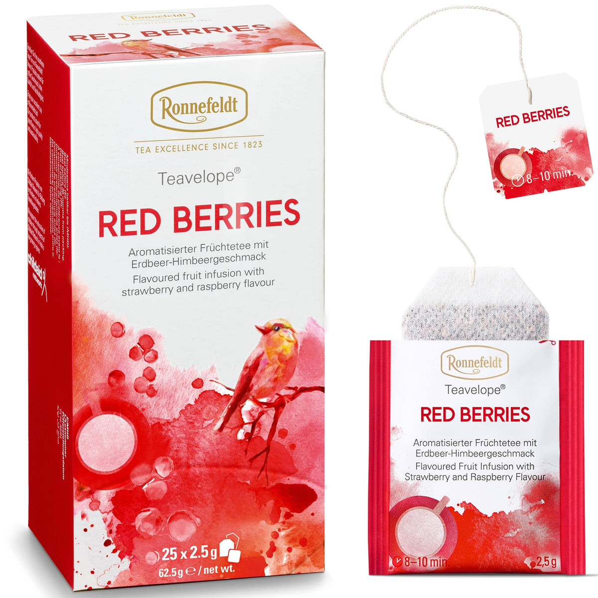 Ronnefeldt Teavelope Red Berries tea bag close-up for a fragrant berry infusion.