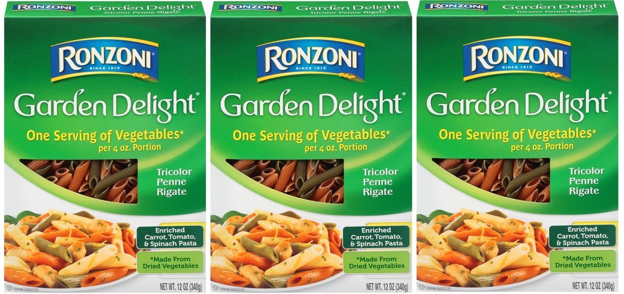 Ronzoni Garden Delight tricolor penne rigate, vibrant pasta ready to pair with your favorite sauce.