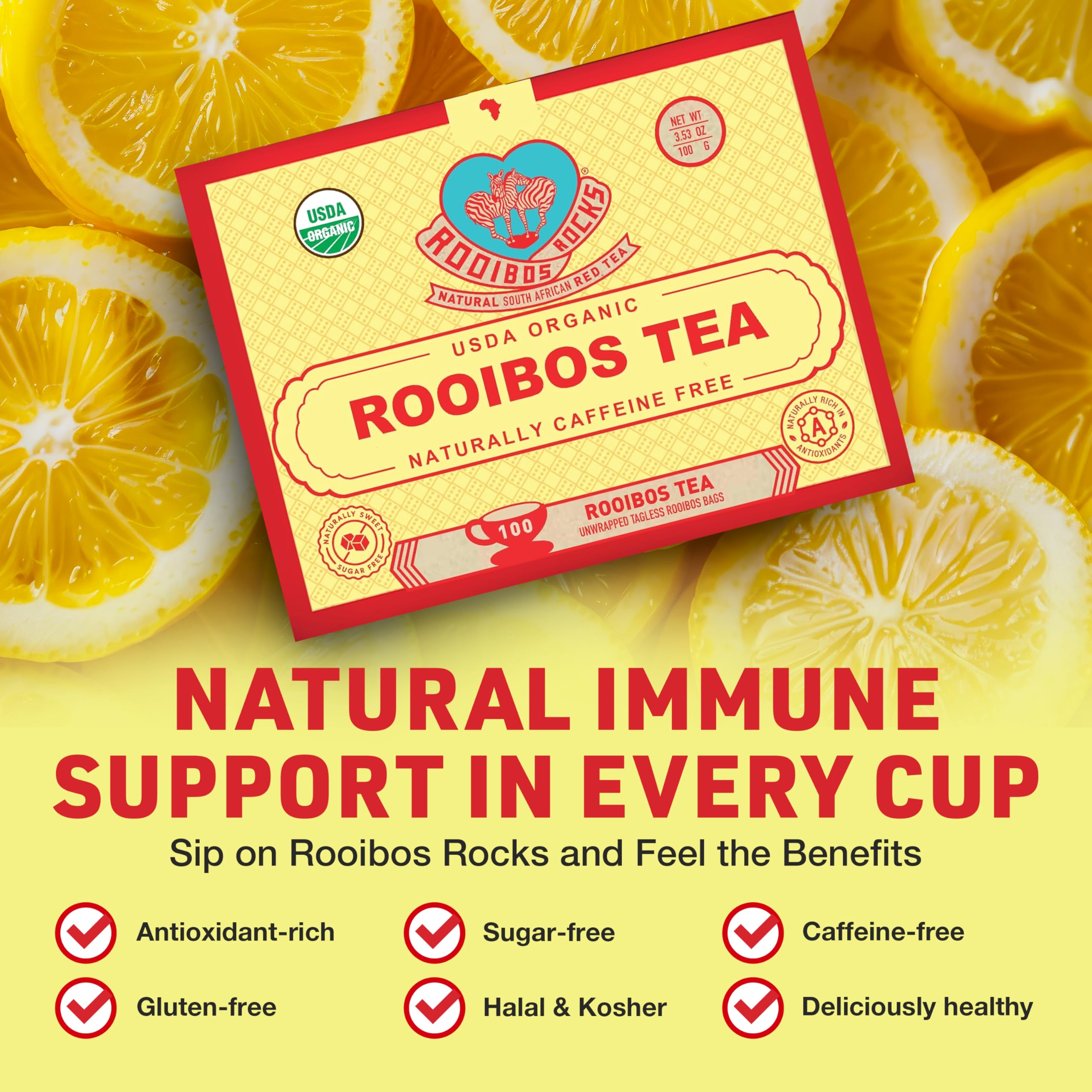 Rooibos Rocks 100-count box on kitchen counter for daily use.
