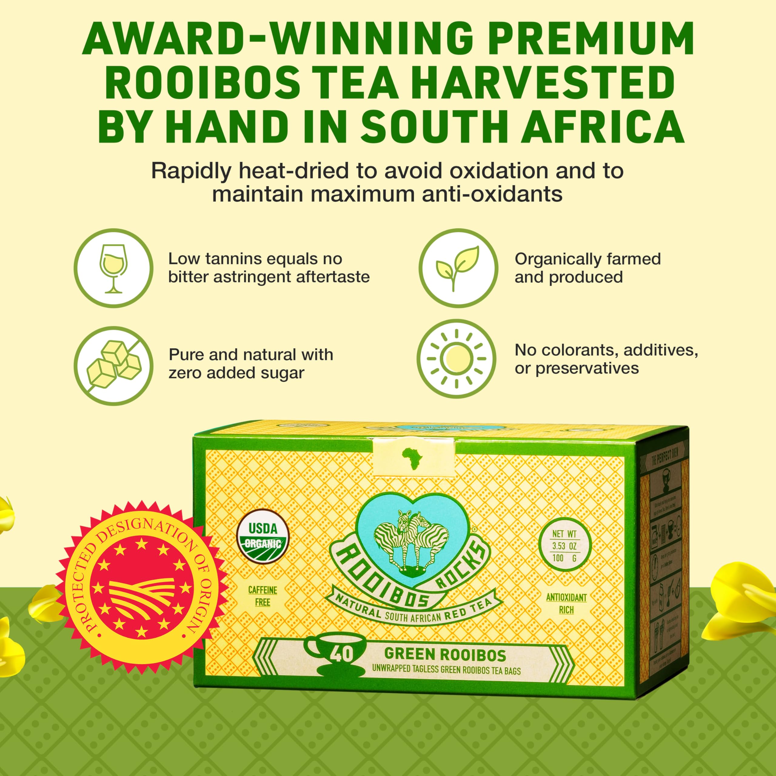 Biodegradable tagless bags from ROOIBOS ROCKS reduce waste while brewing fragrant green tea