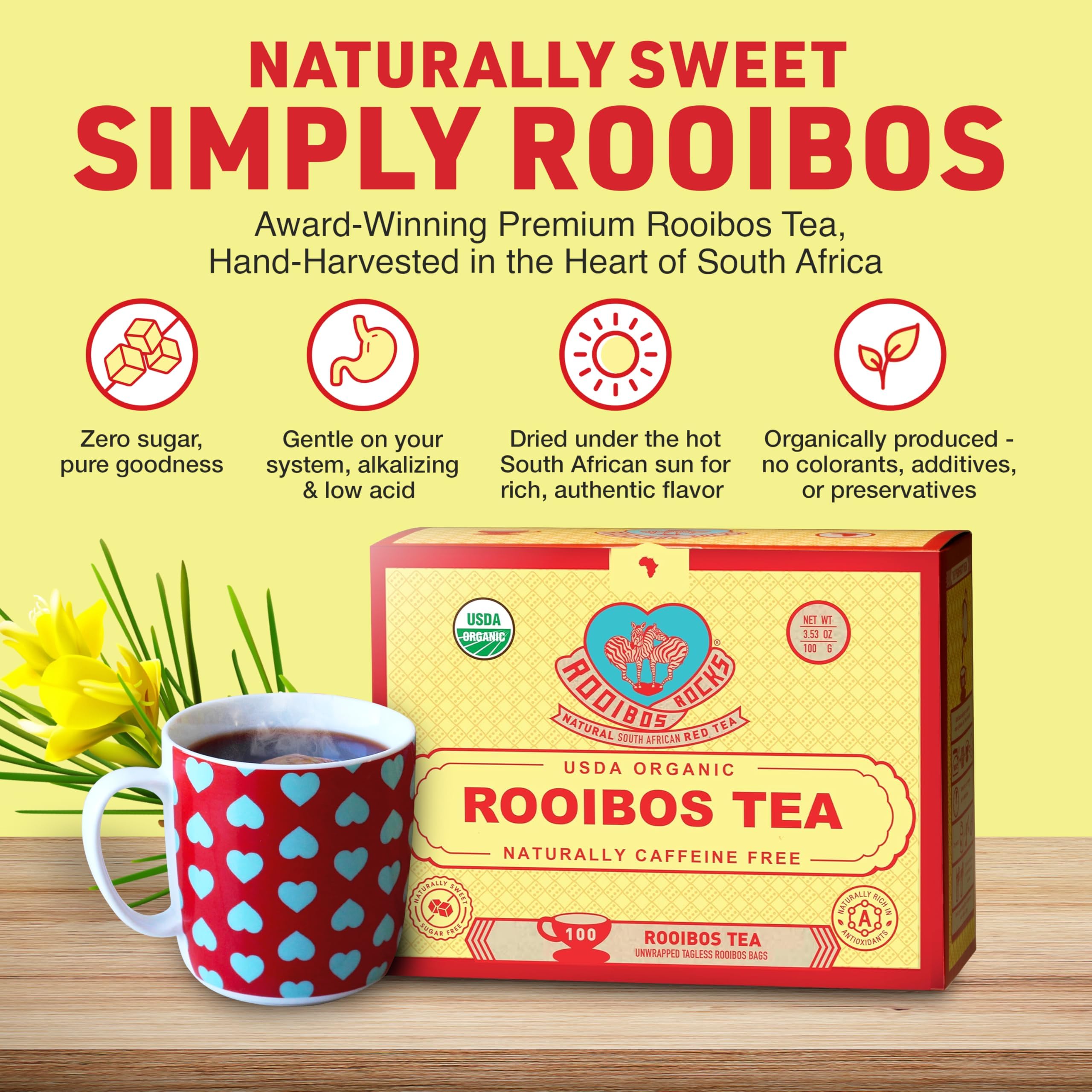 Rooibos Rocks biodegradable tea bags highlighting sustainability.