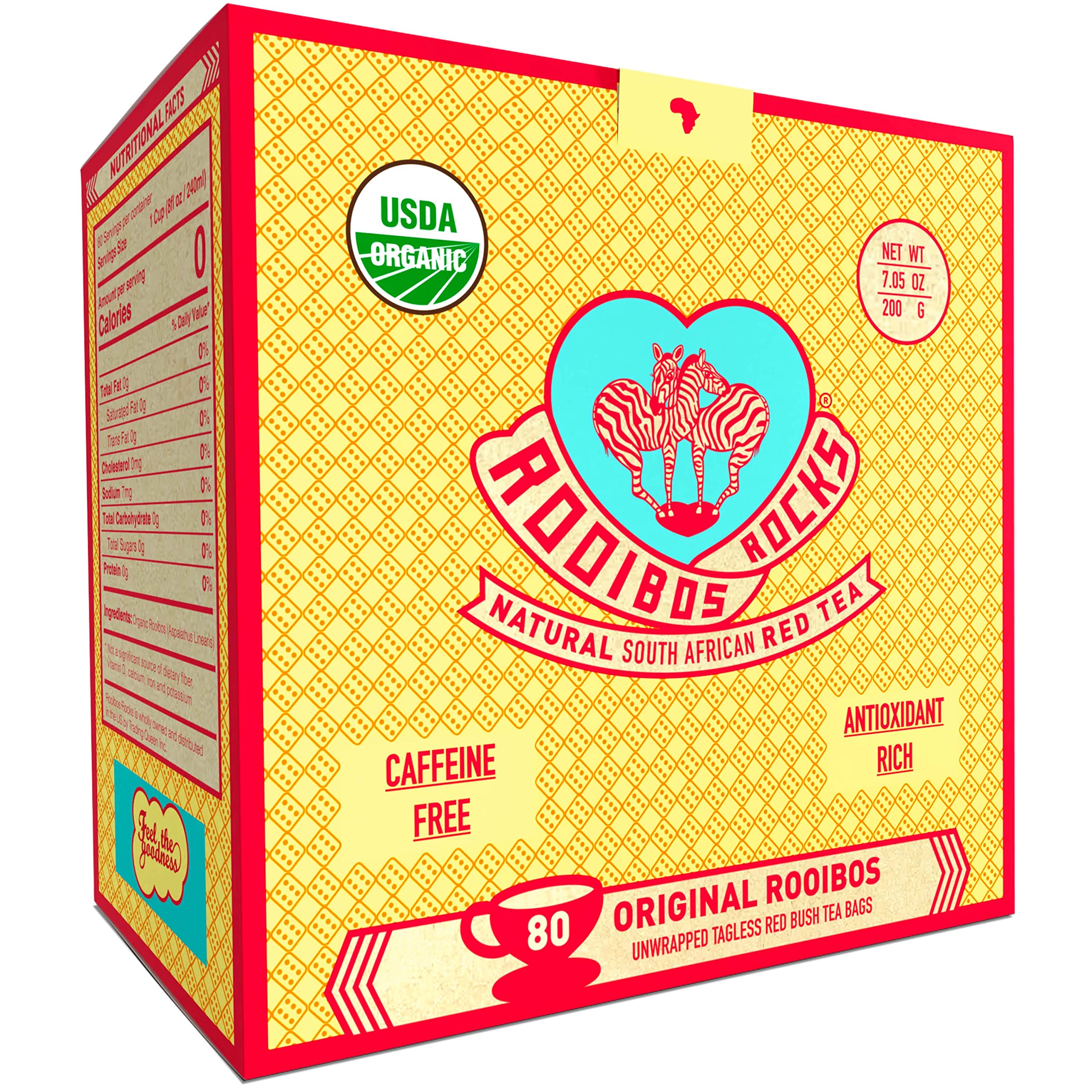 ROOIBOS ROCKS caffeine-free rooibos tea bags in 80-count packaging, ideal for family tea time.