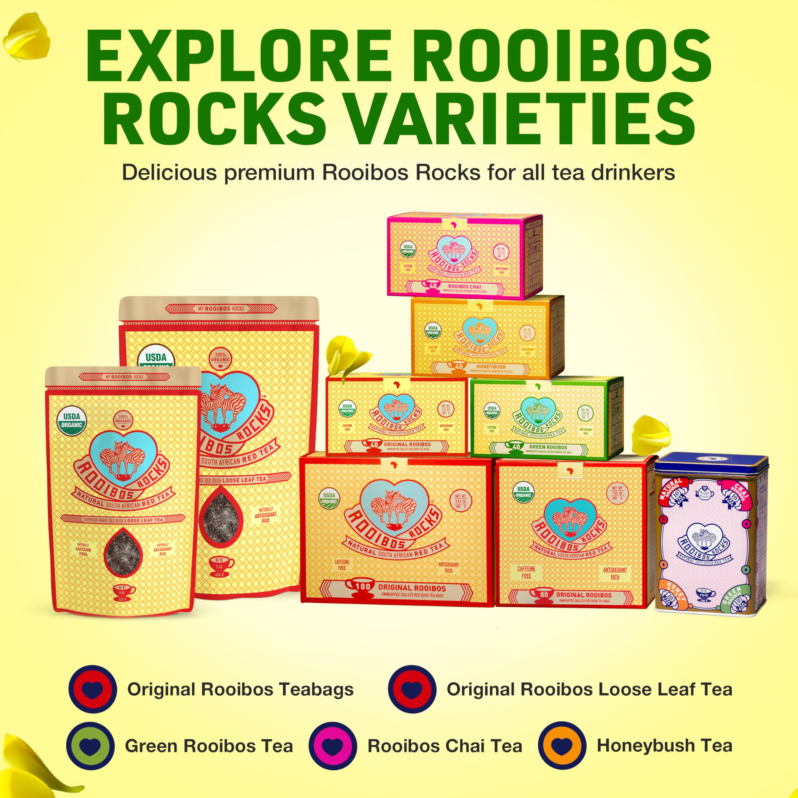 Two stay-fresh foil pouches keep ROOIBOS ROCKS tea aromatic