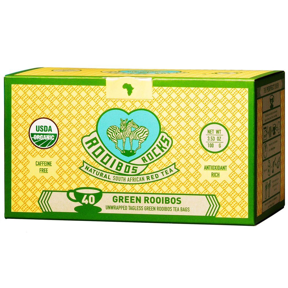 ROOIBOS ROCKS green tea bags brew a light, caffeine-free cup