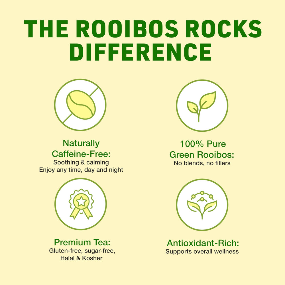 Hot or iced ROOIBOS ROCKS green tea delivers a refreshing, light-bodied sip