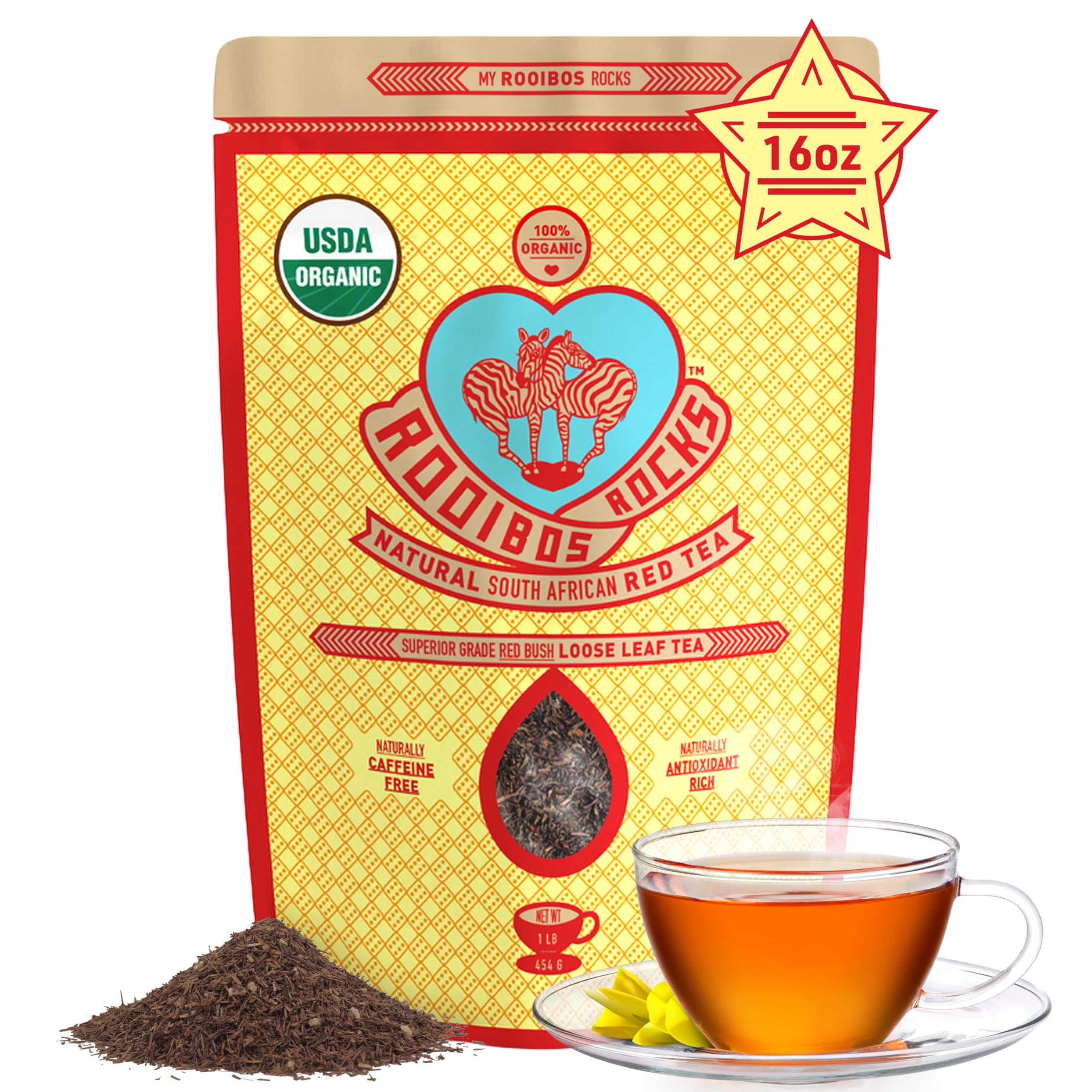 ROOIBOS ROCKS loose-leaf tea jar showing organic rooibos with antioxidant richness