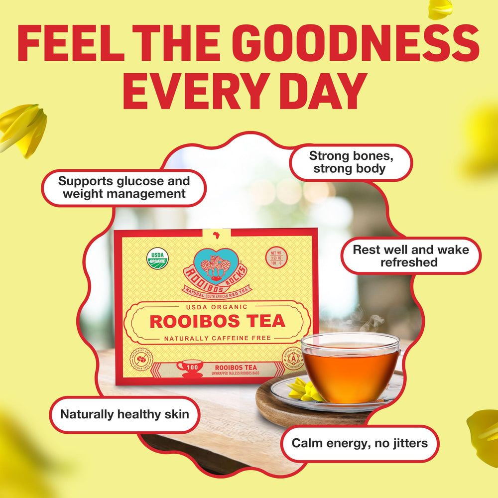 Rooibos Rocks mild sweetness in a warm mug, no added sugar.