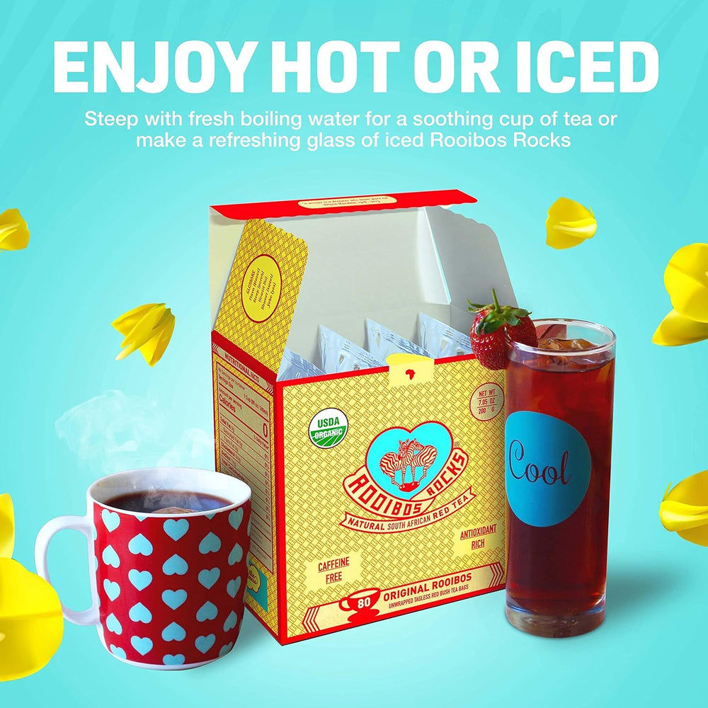 Chilled glass with ROOIBOS ROCKS tea, perfect for refreshing cold beverages.