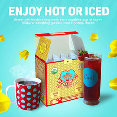 Chilled glass with ROOIBOS ROCKS tea, perfect for refreshing cold beverages.